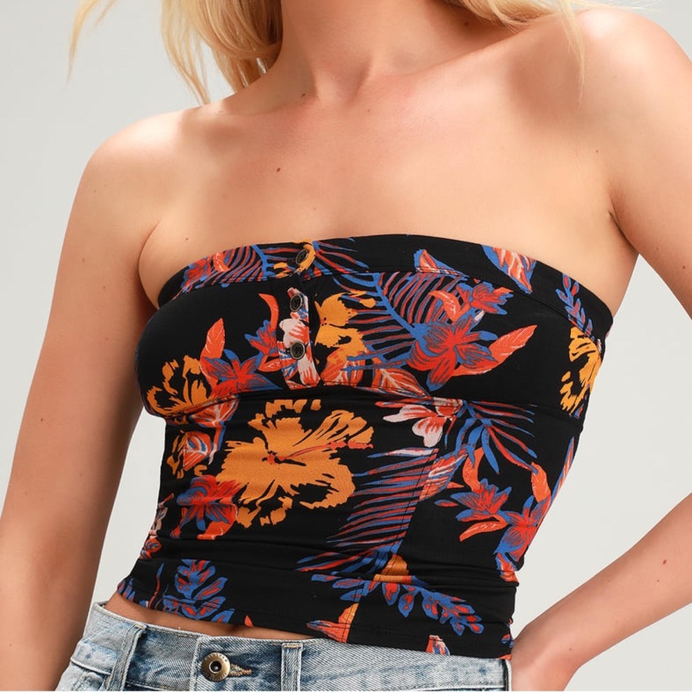 XS Free People Tropicali Black Tropical Print Tube Top
